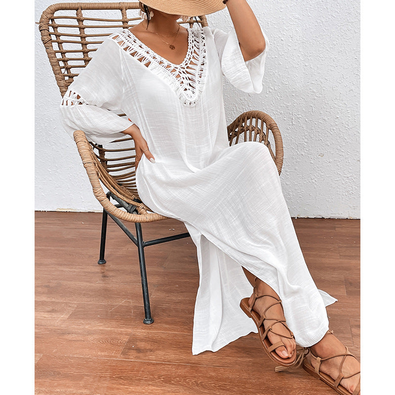 Colorful hand-crocheted women’s beach overskirt with cutout back, loose fit, and hollow design by Bella Mia.