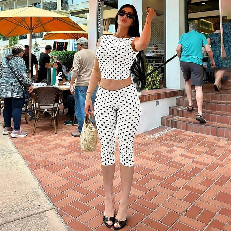Bella Mia summer women's polka dot sleeveless backless top with slim cropped pants two-piece set, stylish and breathable outfit.