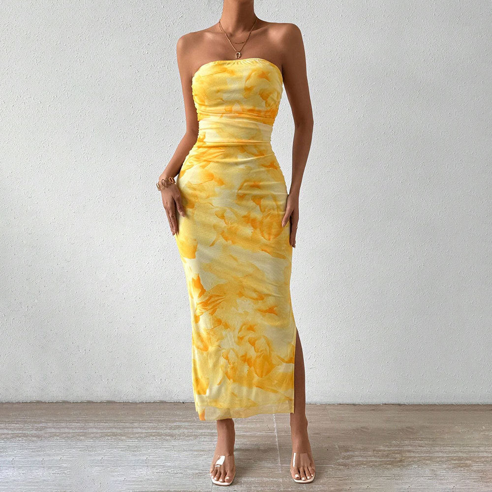 Printed spring and summer women's high waist slit tube top dress by Plush Fashion Hub, shown on a model.