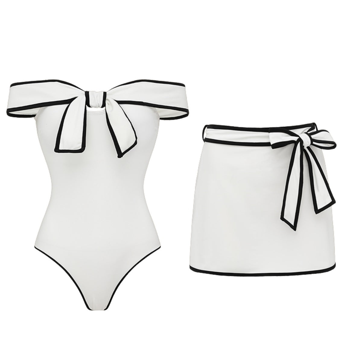 Black and white swimsuit for women with a sweet girl bow and matching skirt, featuring color-coordinated design by Plush Fashion Hub.