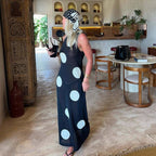 Polka dot knitted maxi dress by Plush Fashion Hub, featuring a casual slimming fit, bohemian style, and see-through fabric for women.