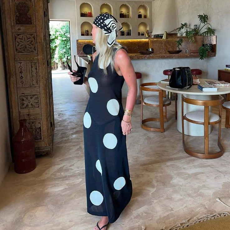 Polka dot knitted maxi dress by Plush Fashion Hub, featuring a casual slimming fit, bohemian style, and see-through fabric for women.