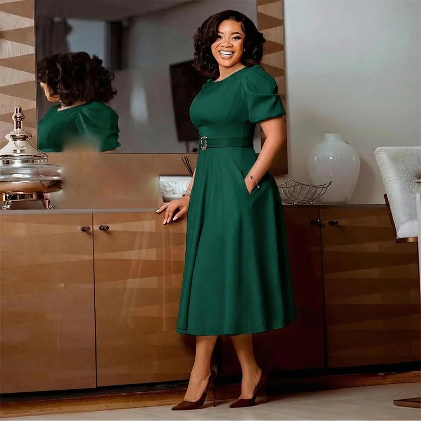 Women’s high waist puff sleeve dress with a round neckline from Plush Fashion Hub, featuring a stylish and feminine design.