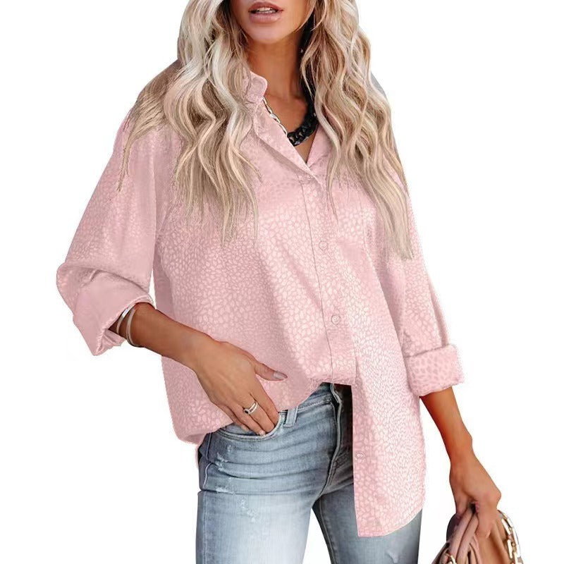Women’s satin long sleeve shirt with gravel pattern by Bella Mia, featuring a loose fit and autumn-inspired comfortable style.
