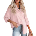 Women’s satin long sleeve shirt with gravel pattern by Bella Mia, featuring a loose fit and autumn-inspired comfortable style.