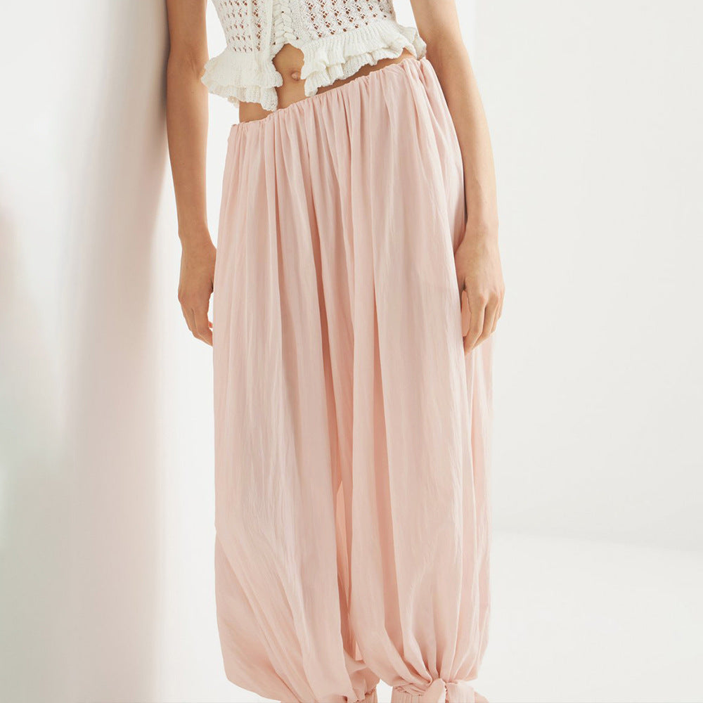 Plush Fashion Hub women's wide leg lace-up bloomers pants in spring and summer, featuring a slim, loose fit and floral lace-up design.