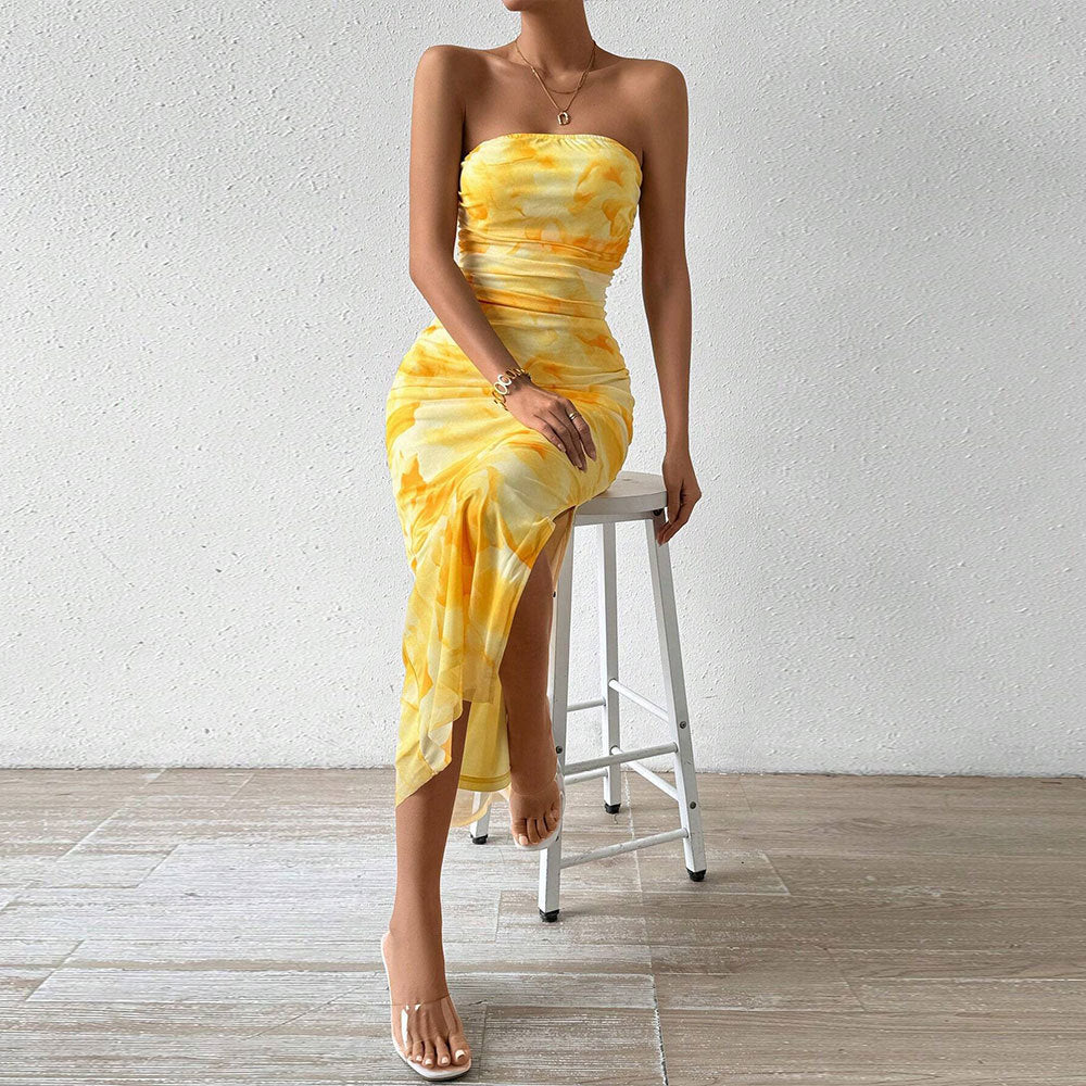 Printed spring and summer women's high waist slit tube top dress by Wanita Store, showing the stylish design and fabric details.
