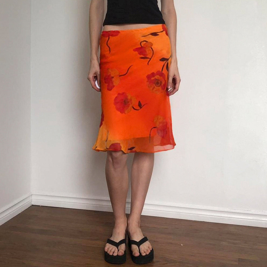 Chinese retro floral print chiffon mesh midi skirt with contrast color details, perfect for vacation and casual wear.