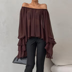 Brown chiffon off-shoulder ruffled top with boat neck, loose fit, elegant style, from Bella Mia for fall and winter wear.