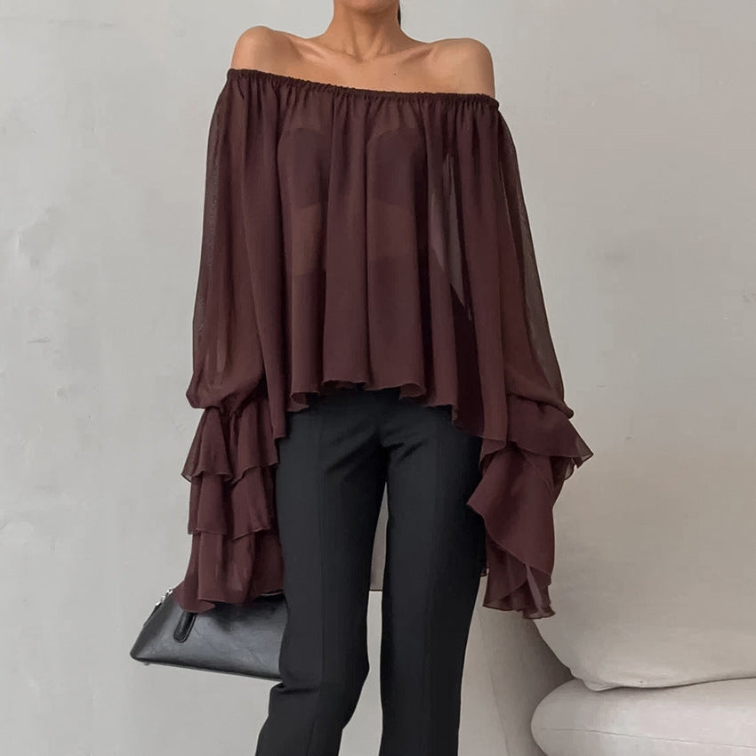 Brown chiffon off-shoulder ruffled top with boat neck, loose fit, elegant style, from Bella Mia for fall and winter wear.