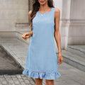 Plush Fashion Hub summer denim dress with round neck, ruffled hem, back breasted design, straight fit, stylish casual wear