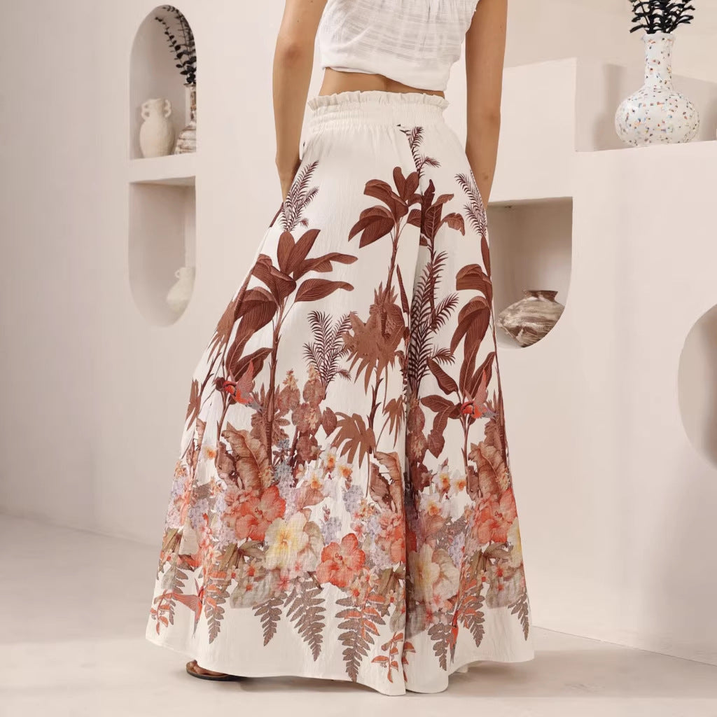 Wide leg summer pants with leaf print, casual and loose fit, by Wanita Store for comfortable warm-weather style.