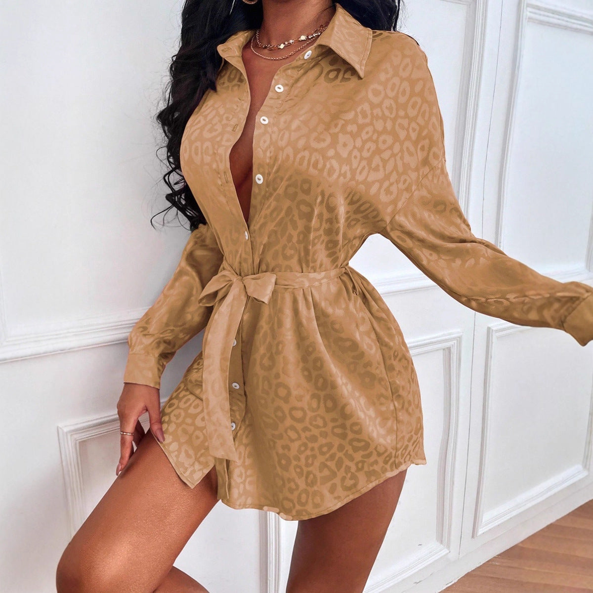 Women Clothing Autumn Satin Shirt Leopard Print Long Sleeve Lining Bella Mia