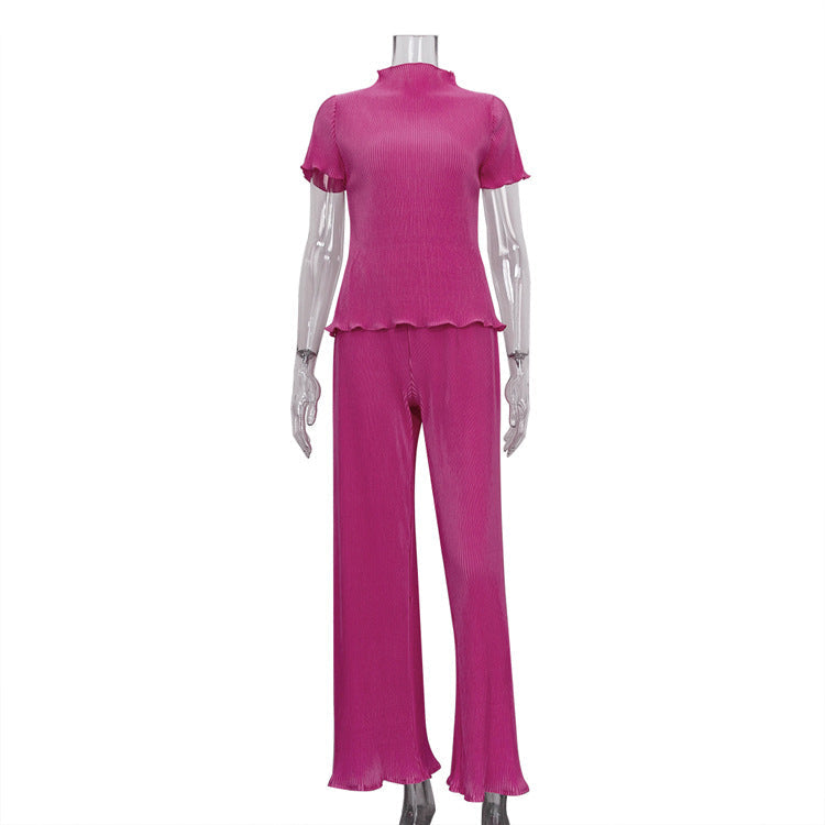 Blue high-waist pleated wide-leg pants and casual spring slim fit T-shirt, women's fashion outfit from Wanita Store