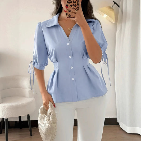 Office Spring Summer Waist Tight Waist a Swing Short Sleeve Cuff Lace up Design Pleated Slim Shirt Women Professional Bella Mia