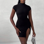Sexy black half turtleneck lace-up back hip dress with side slit, designed for a stylish and daring look.