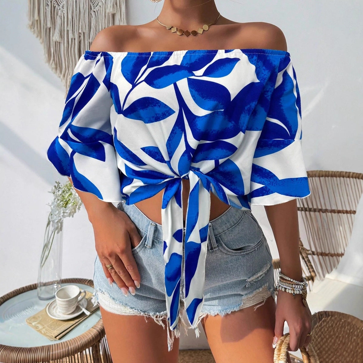 Women Clothing Early Autumn Satin Shirt Printed off the Shoulder Red Loose Fitting Shirt Bella Mia