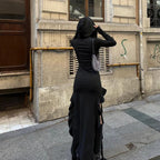 Long sleeve hooded dress with ruffled stitching and asymmetric design, featuring a trendy summer look by Wanita Store.