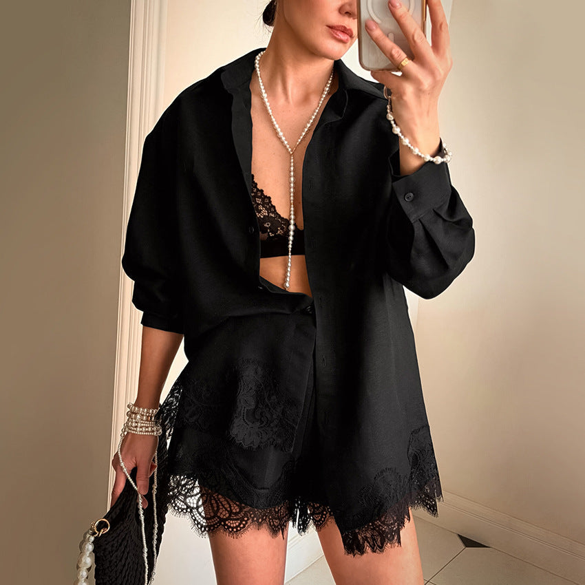 Retro long sleeve lace stitching collared shirt and shorts set by Plush Fashion Hub, casual two-piece outfit with vintage style.