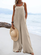 Women’s summer jumpsuit by Bella Mia featuring ethnic solid color, wide-leg design and relaxed fit, perfect for warm weather.
