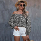 Bella Mia women's long sleeve off-the-shoulder printed loose top, perfect for autumn and winter fashion.