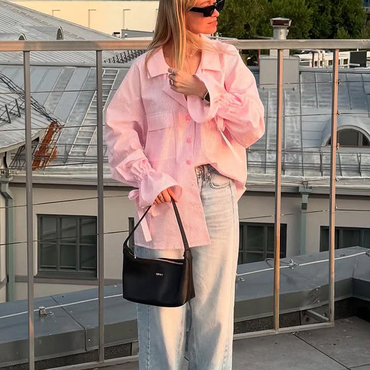 Fashionable Striped Office French Shirt for Women Spring Autumn Printing Collared Bell Sleeve Loose Pockets Shirt Bella Mia