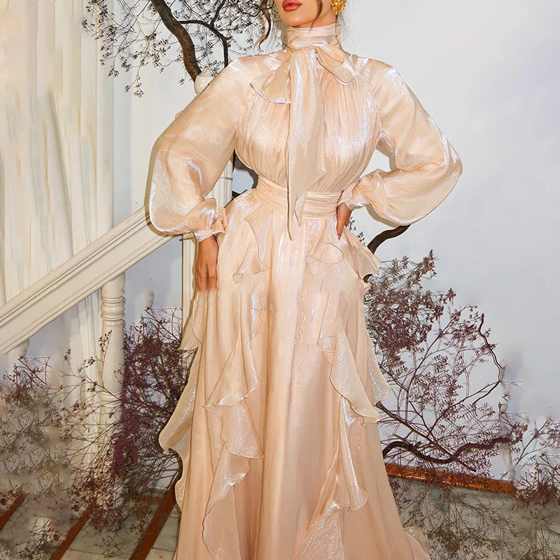 French Elegant Socialite Fairy Dress Summer Stand up Collar Puff Sleeve Pleated Waist Tight Dress Women Bella Mia