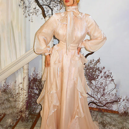 French Elegant Socialite Fairy Dress Summer Stand up Collar Puff Sleeve Pleated Waist Tight Dress Women Bella Mia