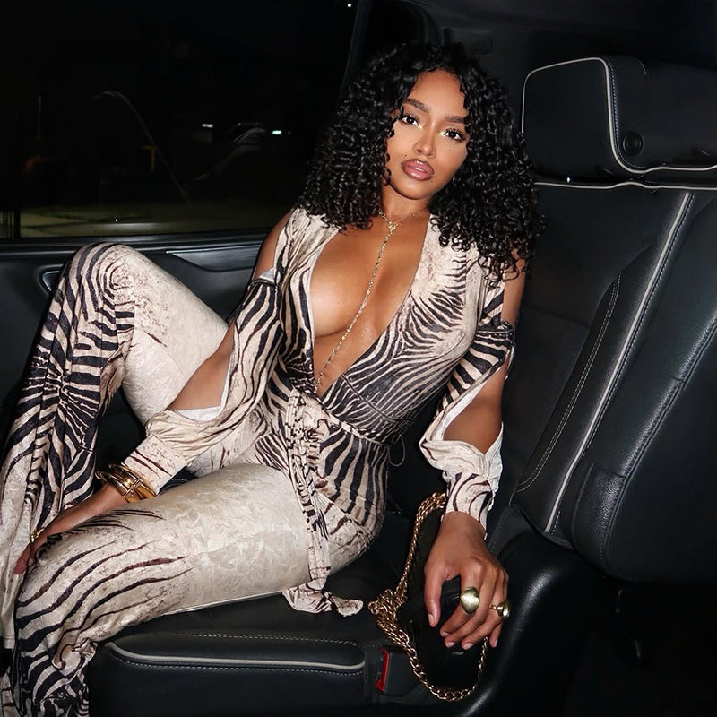 Plush Fashion Hub sexy deep V plunge off-shoulder top with high waist bootcut pants jumpsuit, stylish and fitted for a bold look