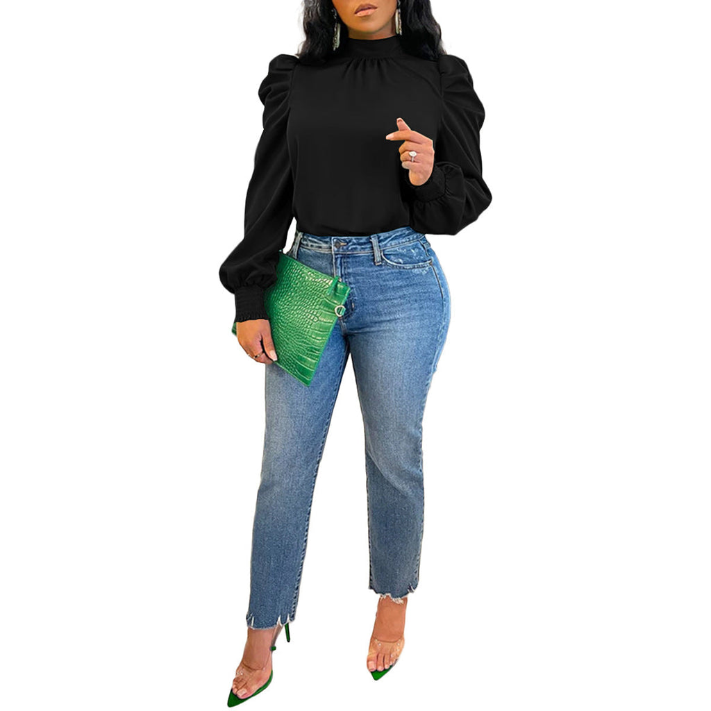 Bella Mia women's long sleeve lace-up top with stand-up collar, puff sleeves, and solid color for four-season wear.