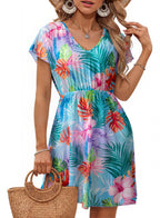 Casual V-neck sleeveless mesh dress for women with short sleeves and cinched waist by Plush Fashion Hub, shown on model.