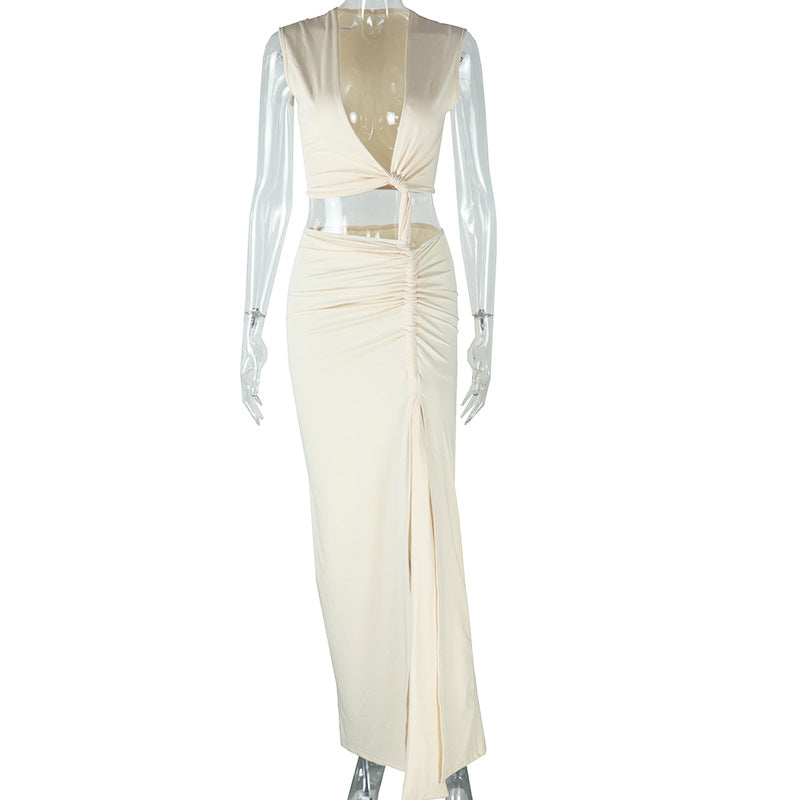 Bella Mia women's solid color dress with oblique V-neck, off-shoulder, sleeveless design, irregular hem, and side slit.