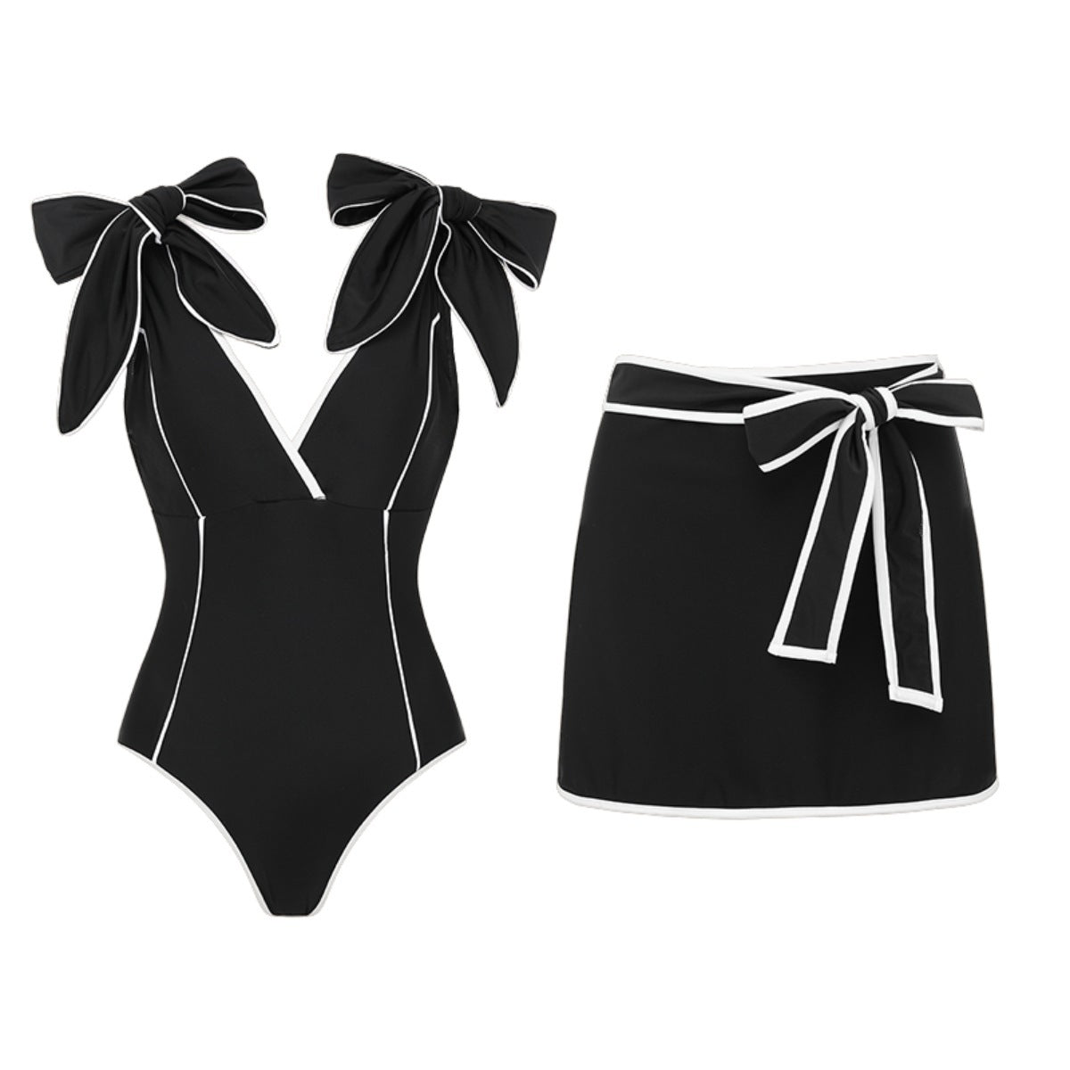 Black and white matching swimsuit for women with a sweet girl bow and white skirt, stylish swimwear from Plush Fashion Hub.