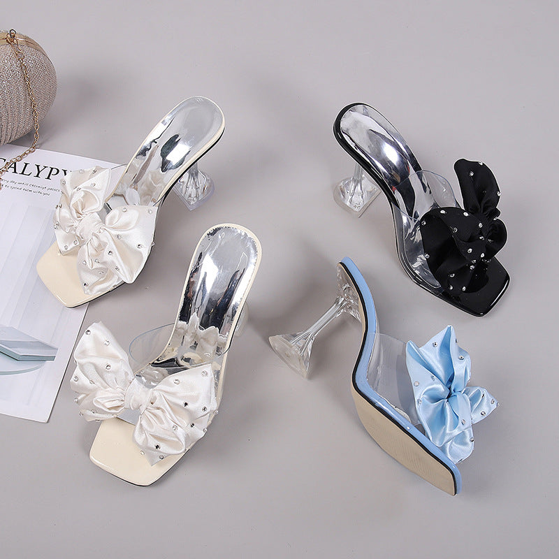 Plush Fashion Hub summer fairy transparent ankle strap stiletto heels with rhinestones, open toe, outdoor cocktail wear, wine glass heel