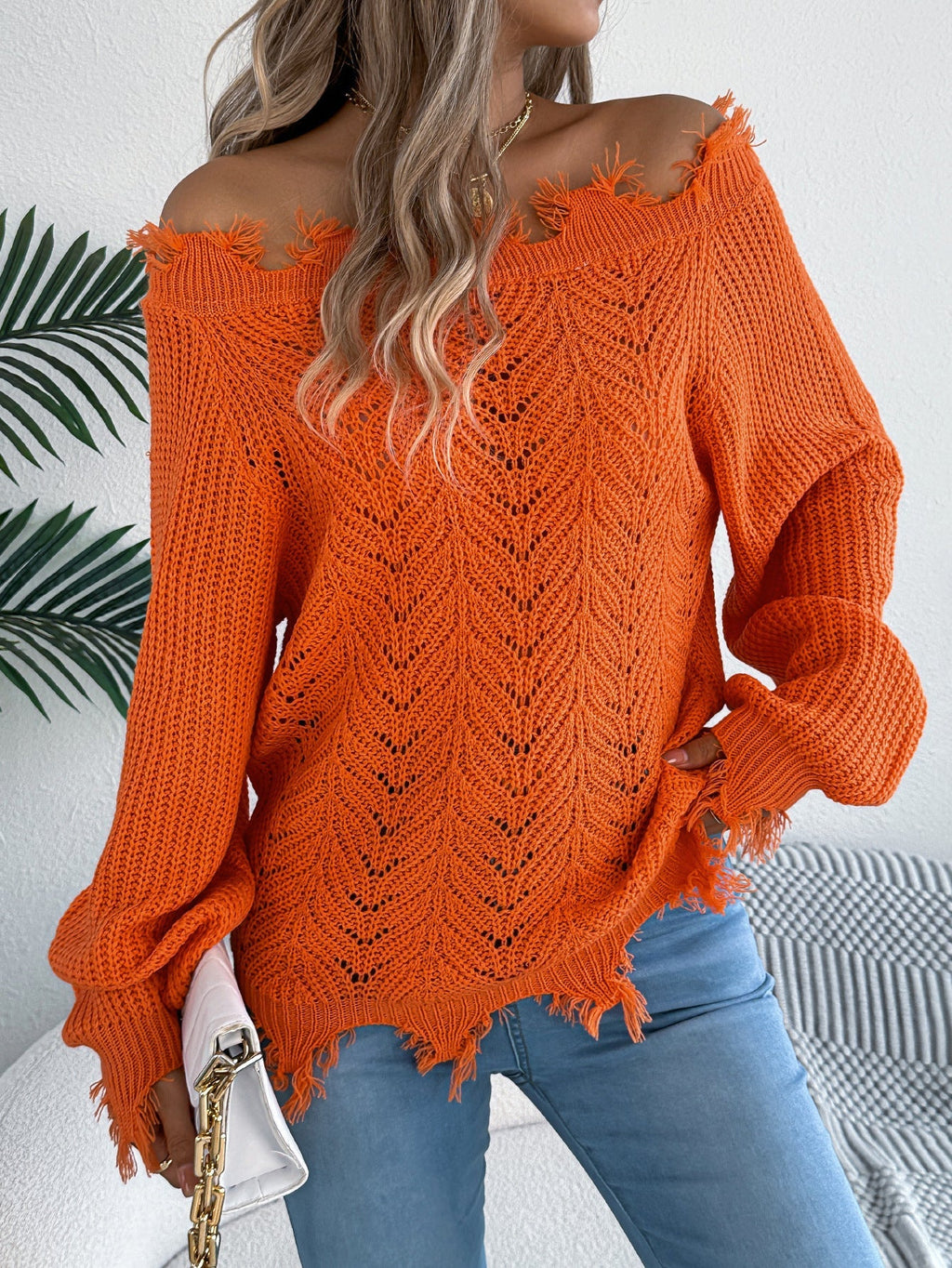 Bella Mia women's long sleeve hollow out cutout shoulder pullover sweater in solid autumn winter color, displayed on model.