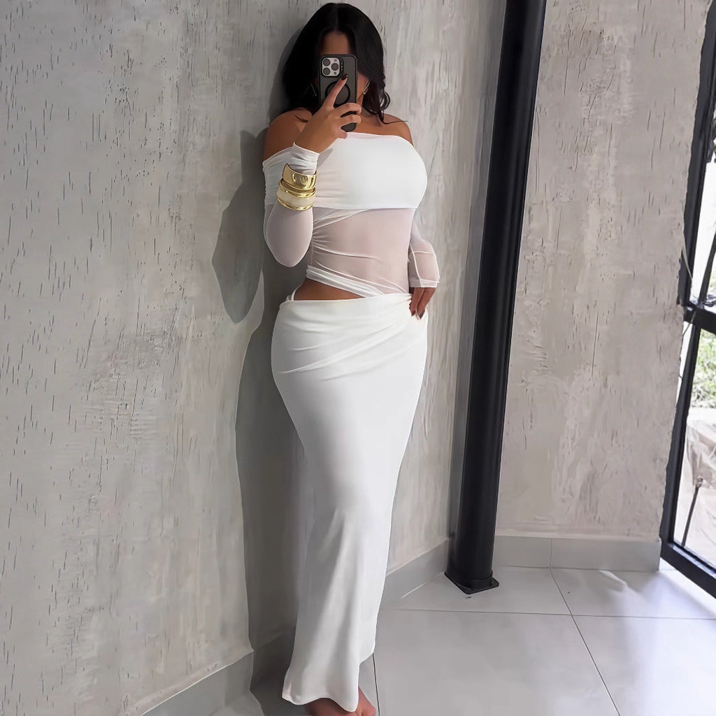 Bella Mia summer women's maxi dress with mesh stitching, long sleeves, and slim fit tube top design, perfect for warm weather.