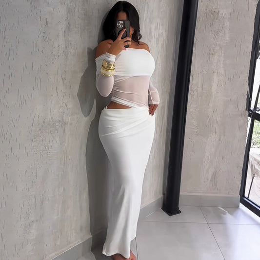 Summer Women Maxi Dress Sexy Mesh Stitching Slim Fit Tube Top Long Sleeve Dress Bella Mia