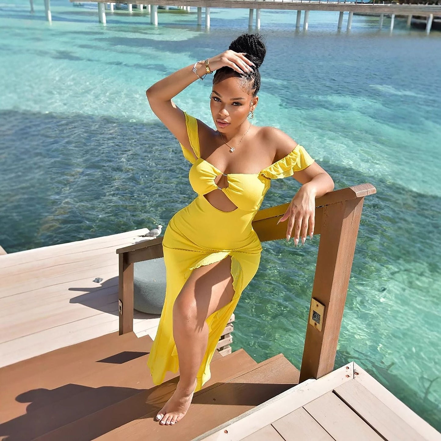 Women’s off-shoulder summer dress by Plush Fashion Hub featuring a slim fit, cutout hollow out design, and slit detail.