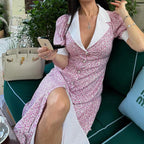 Elegant floral summer dress by Plush Fashion Hub, short sleeve, polo collar, high waist, A-line print for women.