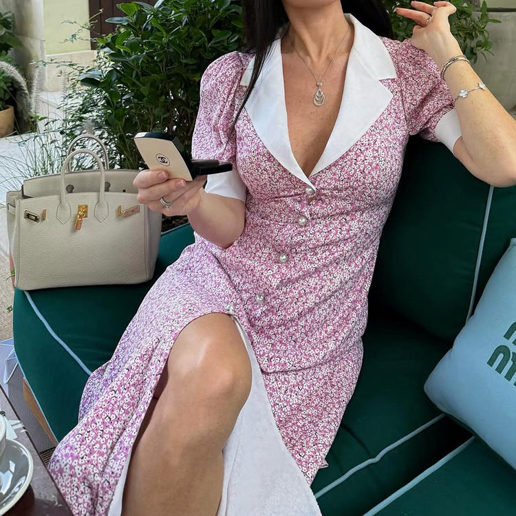 Elegant floral summer dress by Plush Fashion Hub, short sleeve, polo collar, high waist, A-line print for women.