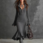 Sexy fall winter women's fishtail dress with zipper collar and bell sleeves, stylish design from Wanita Store.