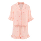 Bella Mia women’s summer pajamas set with crepe cotton fabric, heart print, short sleeves, and matching shorts for comfortable home wear.