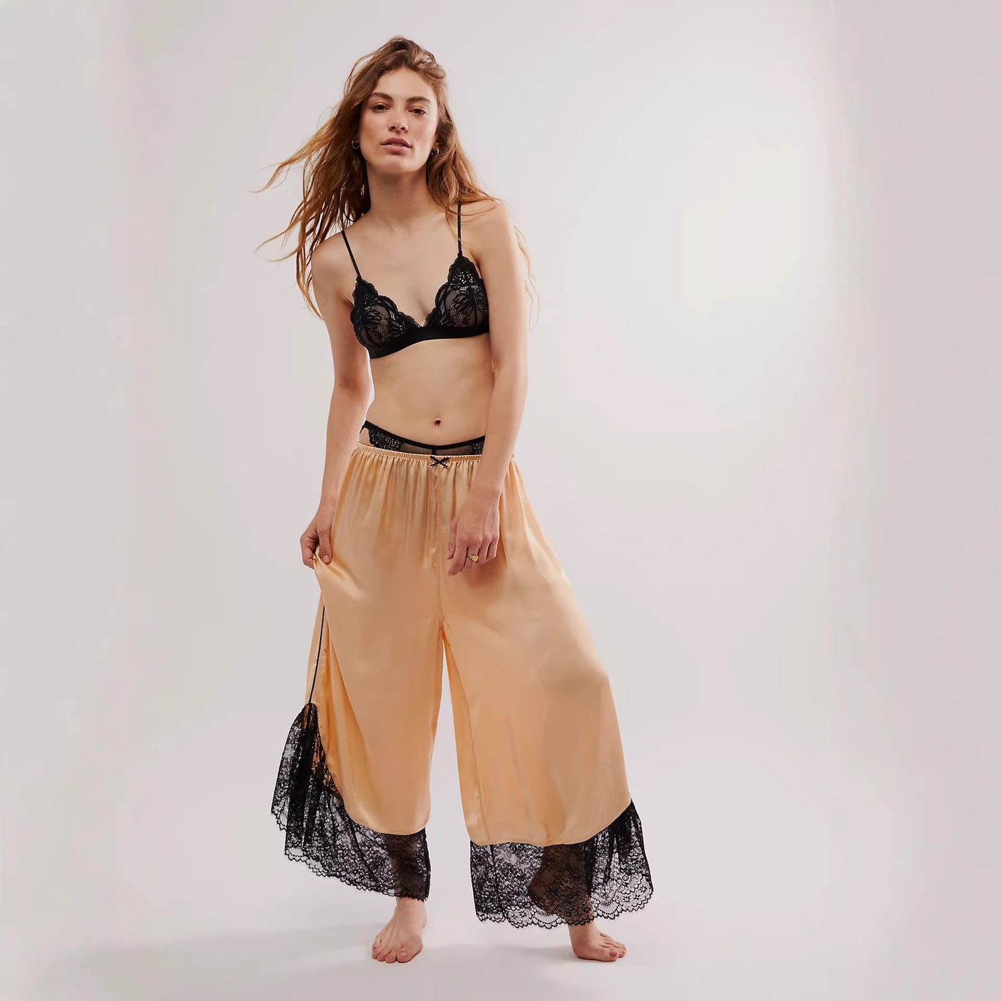 Women’s loose wide-leg satin trousers with lace stitching, casual office wear from Plush Fashion Hub.