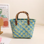 Retro colorful portable straw woven bag by Bella Mia, square-shaped hand-woven beach bag for women, perfect for vacations.