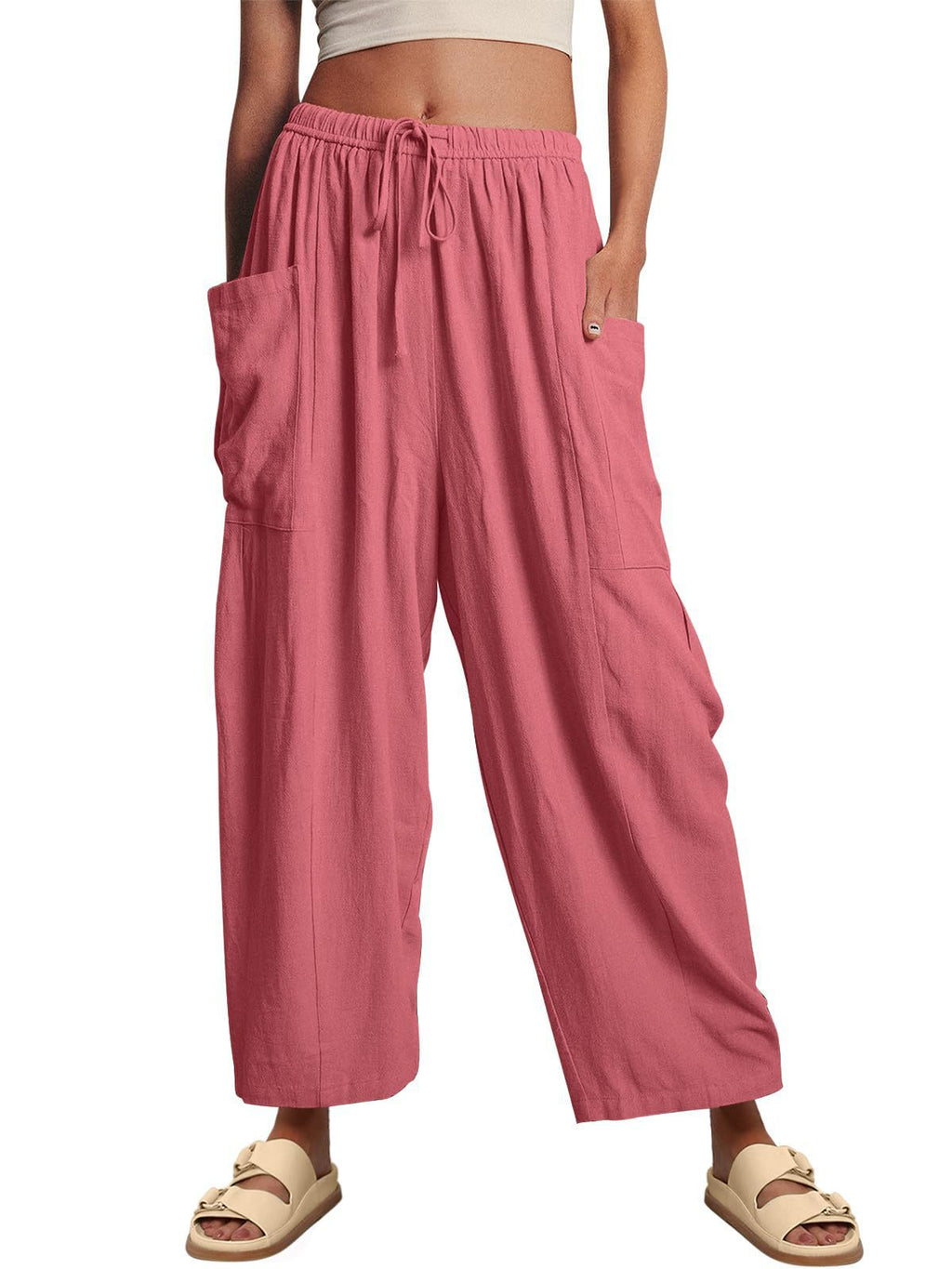 Women’s high waist wide-leg cotton linen trousers with elastic waist and pleats, casual and loose fit for comfortable style.