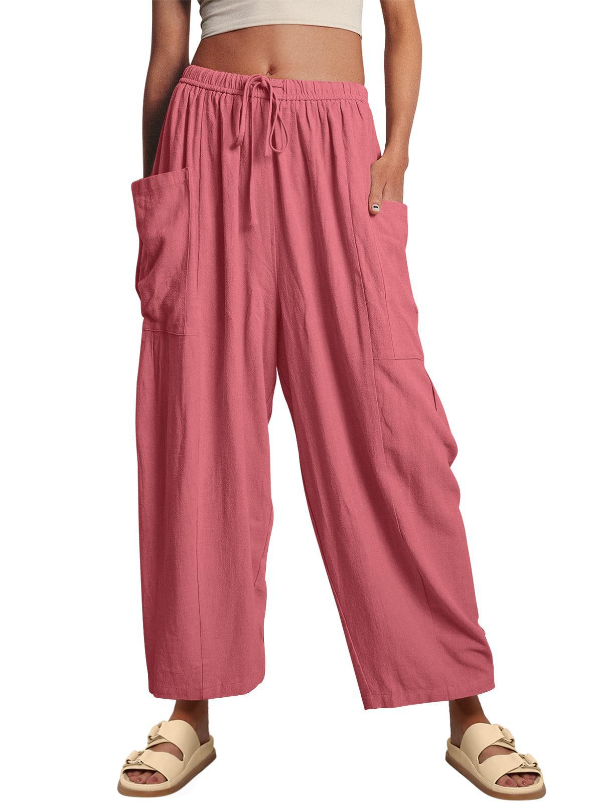Women’s high waist wide-leg cotton linen trousers with elastic waist and pleats, casual and loose fit for comfortable style.
