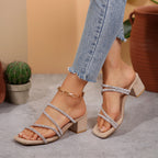 Bella Mia chunky heel rhinestone sandals with thin straps, square toe, and mid heel for women, stylish and elegant footwear.