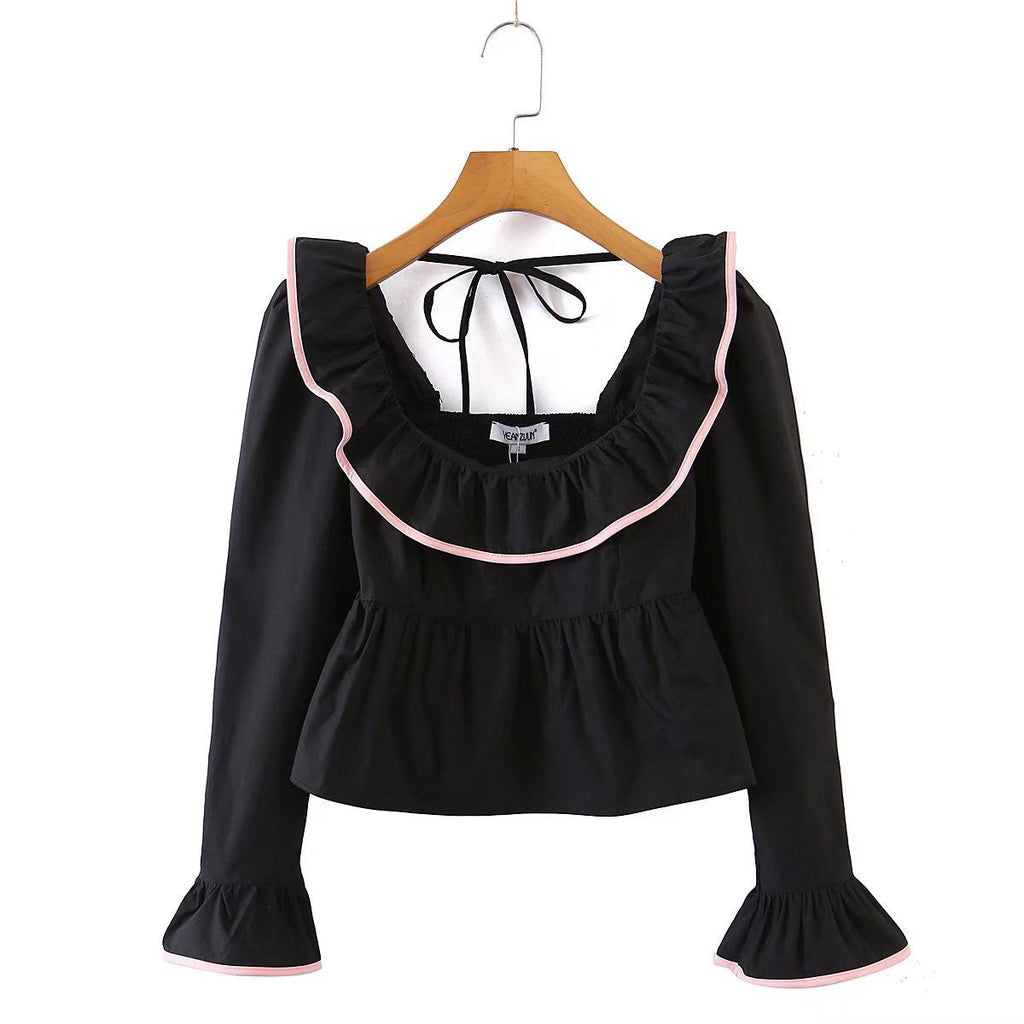 Bella Mia Summer Wind women's solid color long sleeve ruffled shirt with feminine design and lightweight fabric.