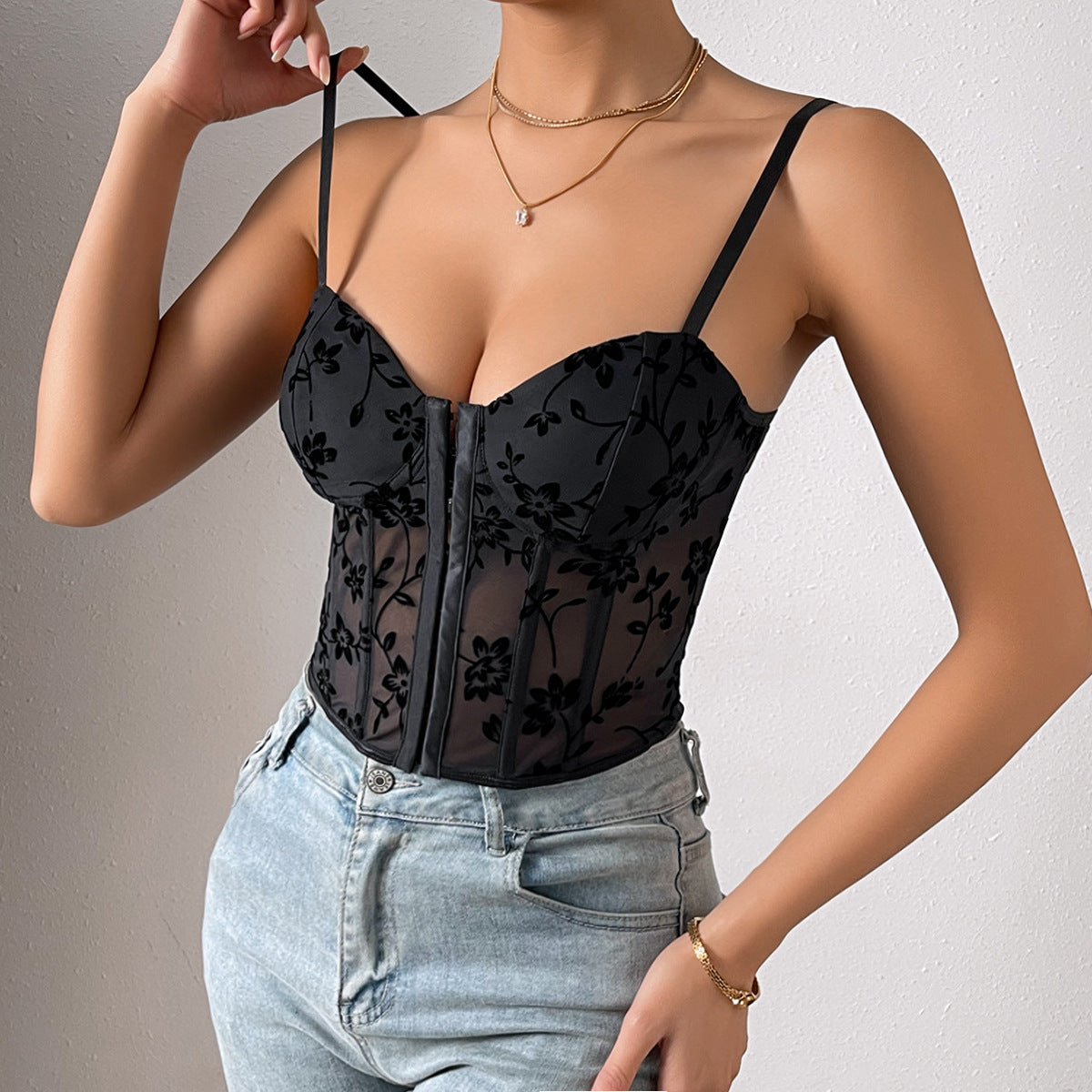 Women Sexy Low Cut See through Sling Stitching Mesh Boning Corset Waist Short Top Women Bella Mia
