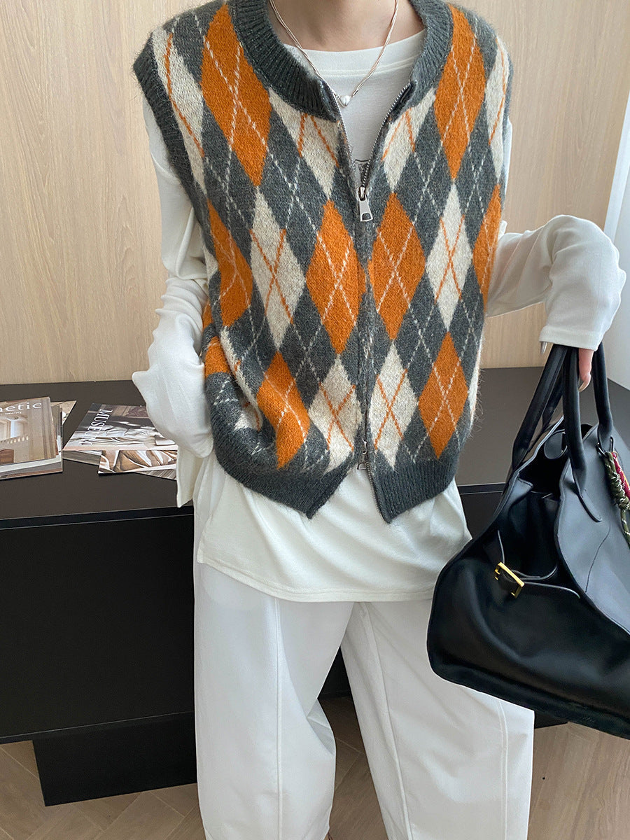 Mid Ancient Design College Hit Color Diamond Lattice round Neck Double Zipper Knitted Vest Bella Mia
